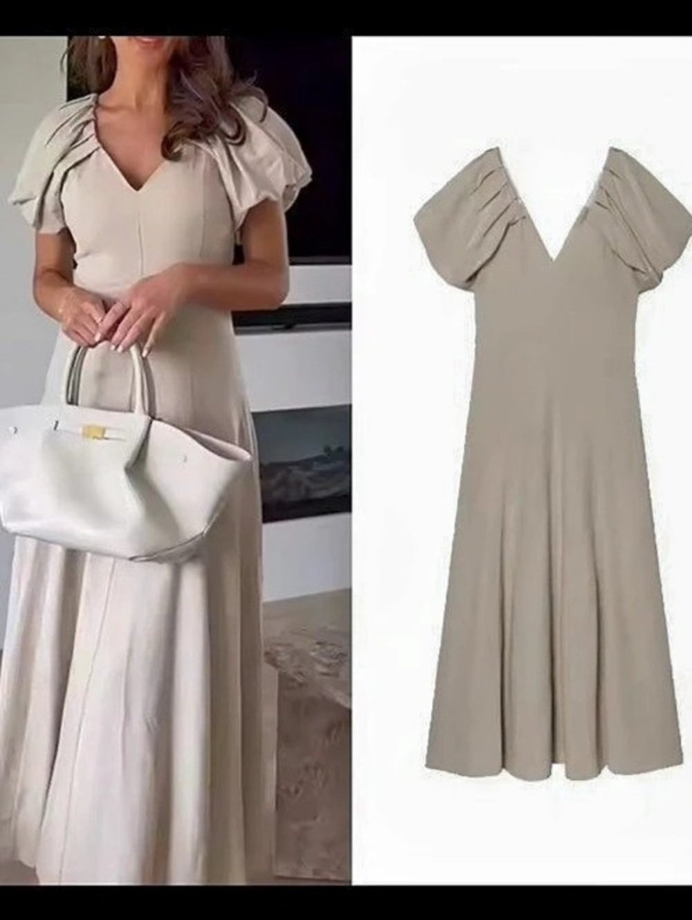 Zara Linen Blend Puff Sleeve Midi Dress Cream Size Large NWT